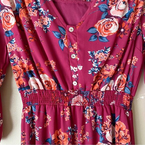 Pink Lily Boutique | Floral Maxi Dress V-neck Side Slit Berry Red Small - Picture 5 of 10